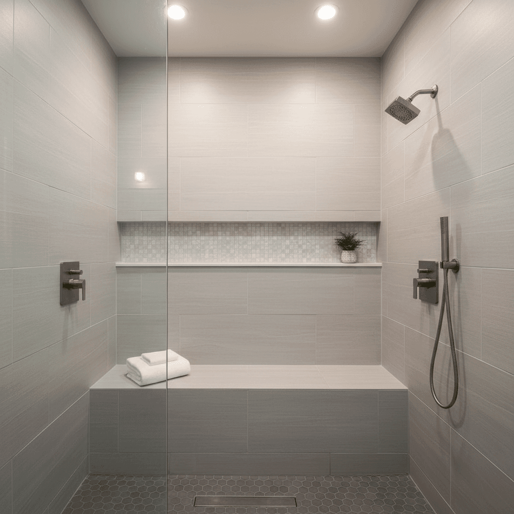 Custom walk-in tile shower featuring a built-in bench and niche