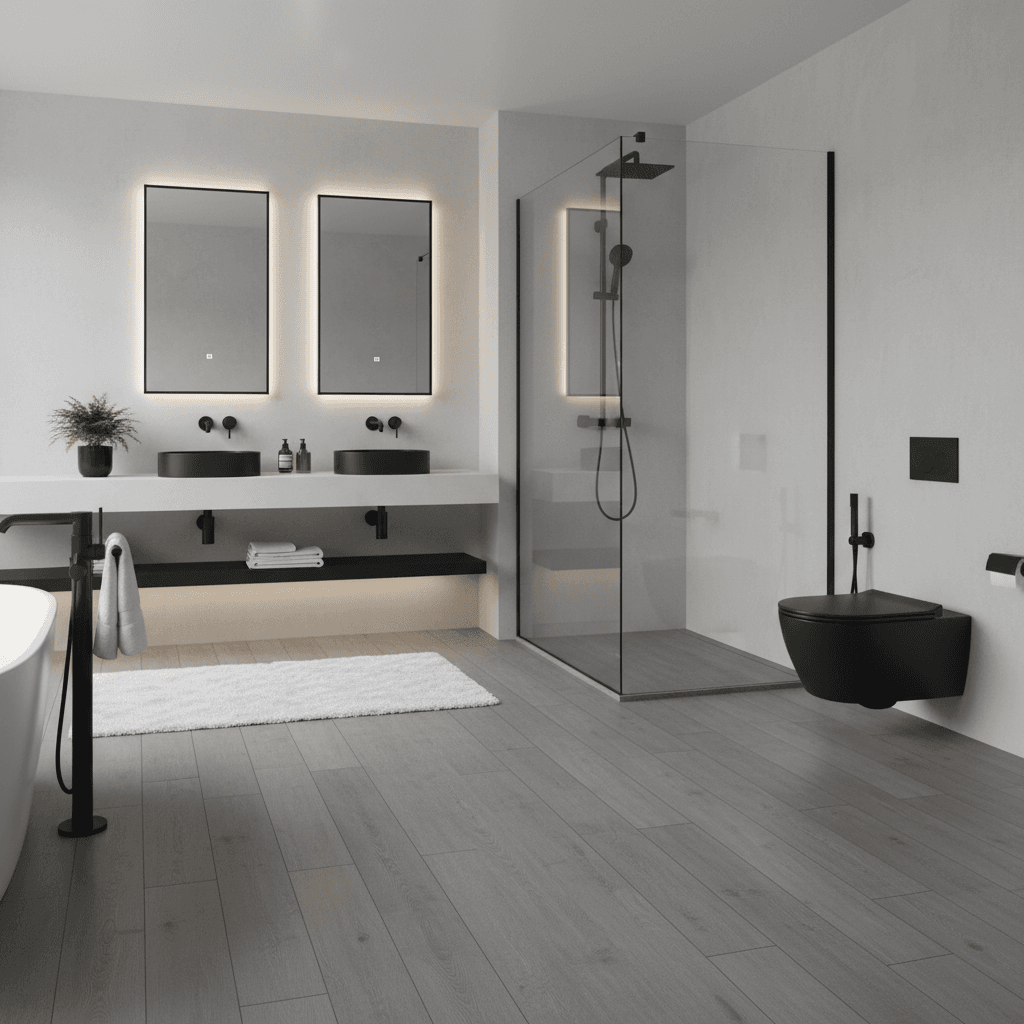 Cool gray luxury vinyl plank flooring in a contemporary bathroom