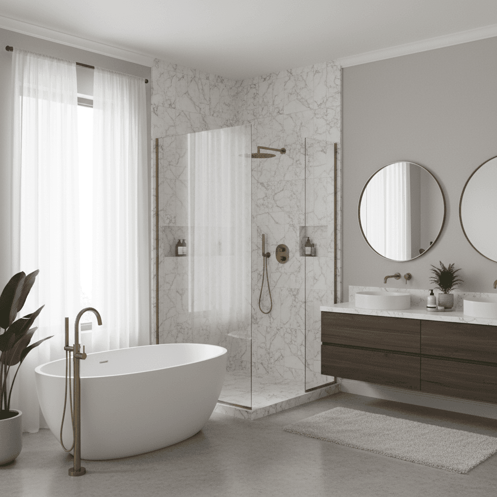 Luxury bathroom with walk-in tile shower