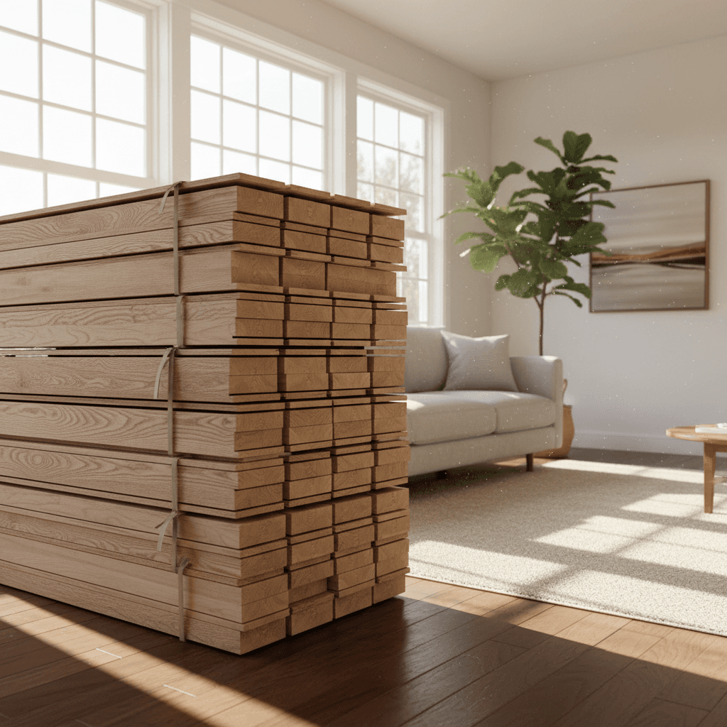 Stacked hardwood flooring planks resting in a sunlit living room during acclimation