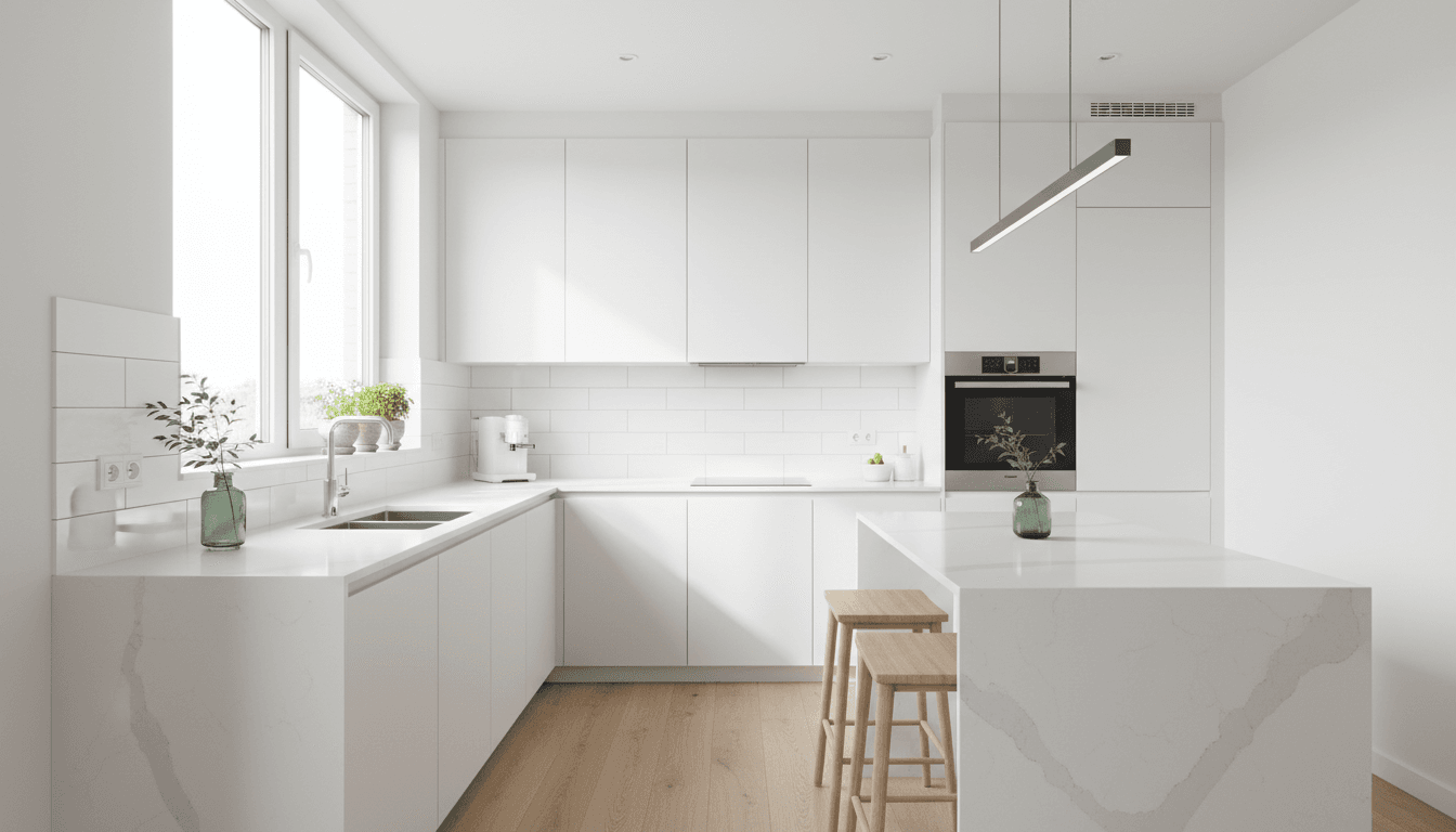 Modern small kitchen with white cabinets and quartz countertops in bright natural light