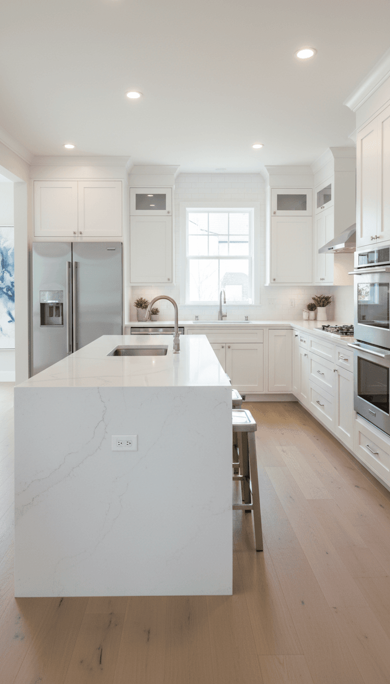 Modern kitchen with custom white cabinets and quartz countertop