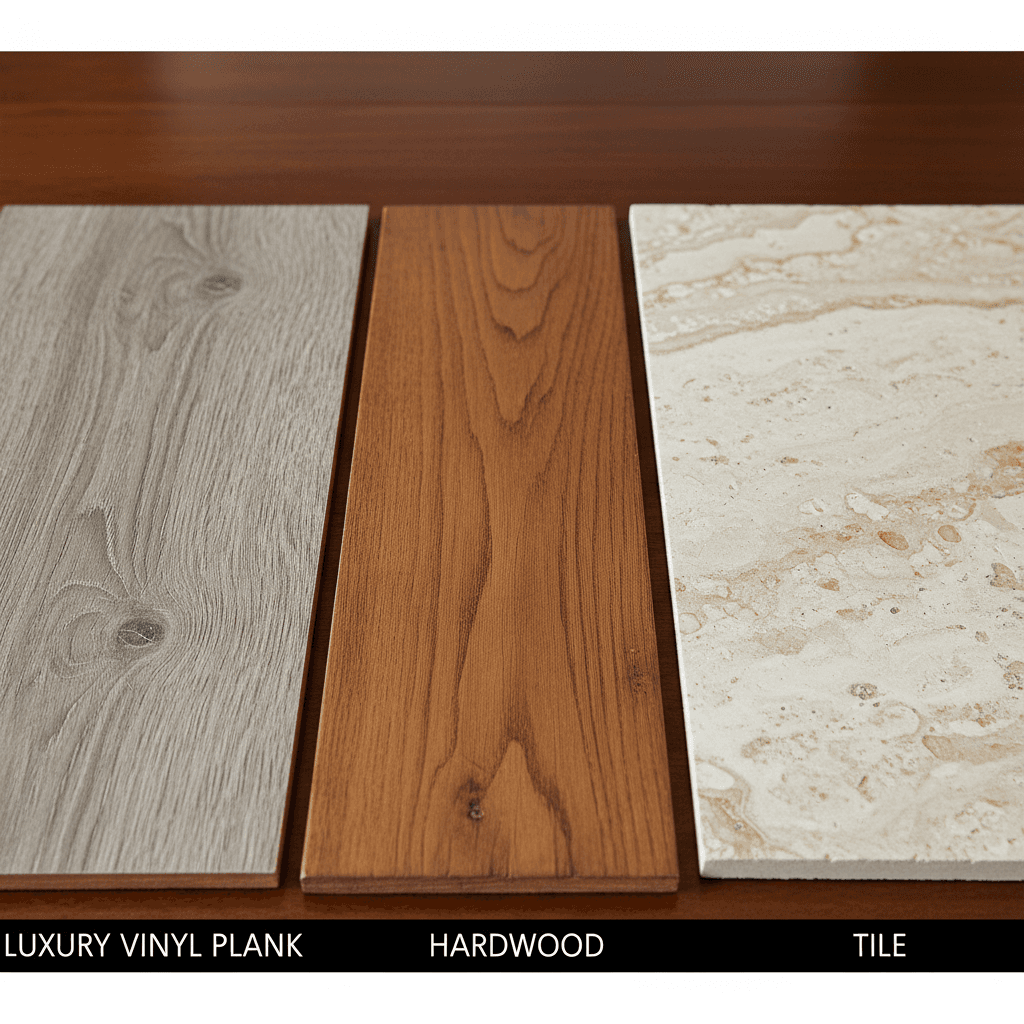 Side-by-side samples of luxury vinyl plank, hardwood, and tile flooring on a table