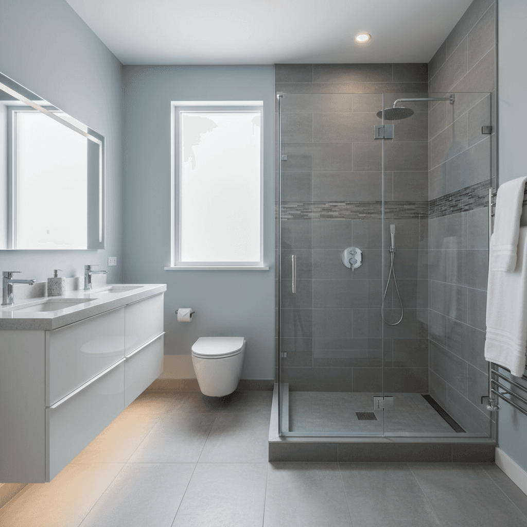 Custom walk-in tile shower with large format tiles and glass enclosure
