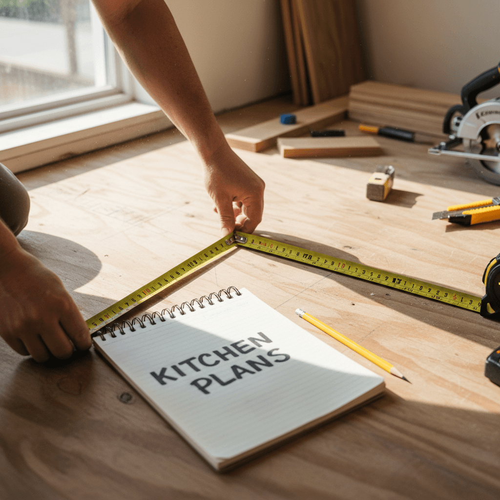 Contractor measuring subfloor in kitchen with tape measure