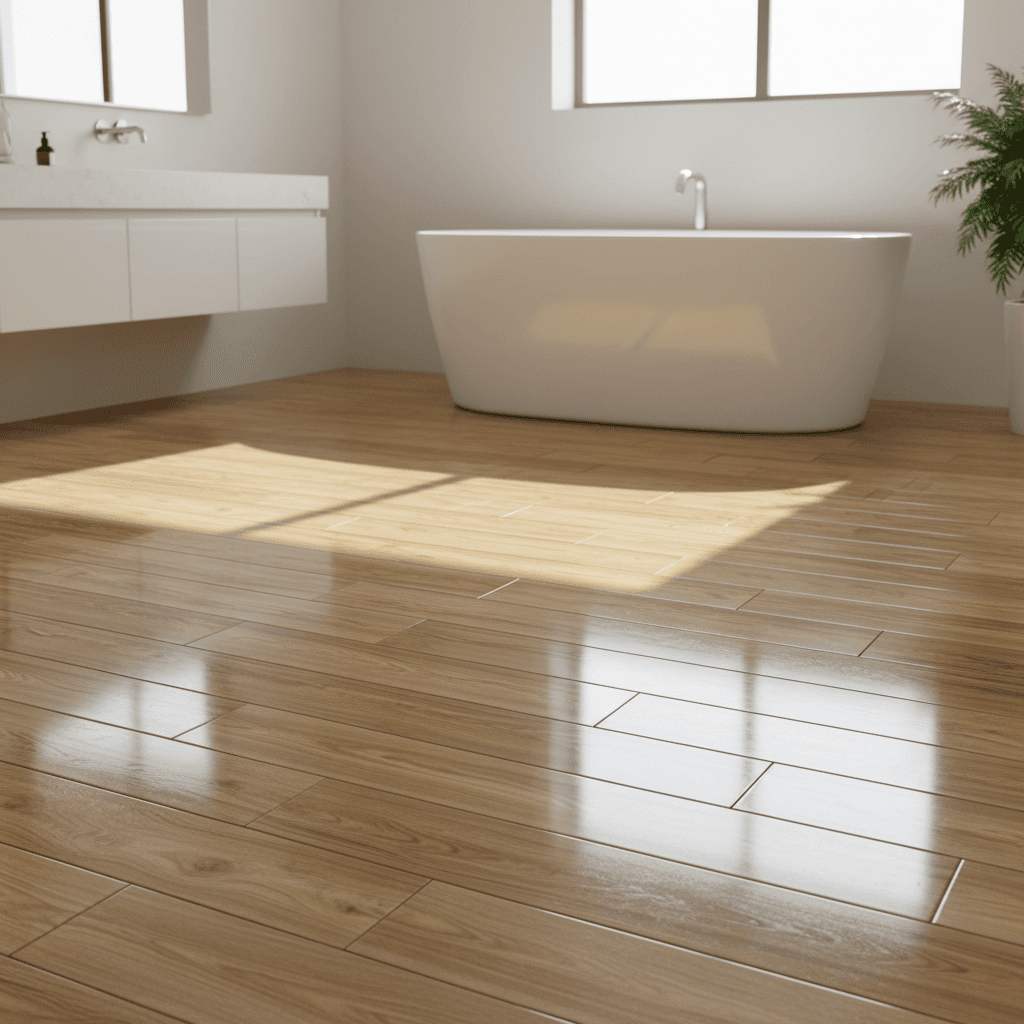 Glossy finish luxury vinyl flooring in a bright modern bathroom
