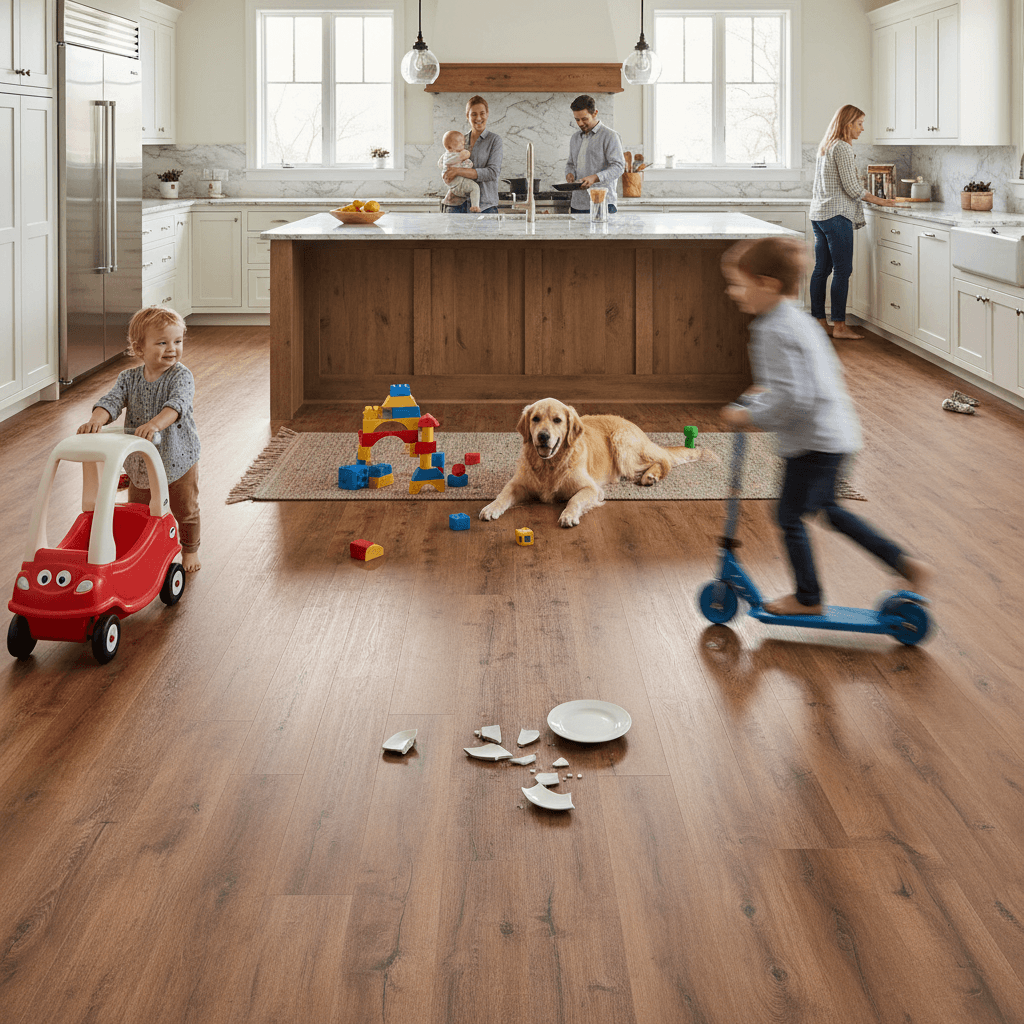 Durable luxury vinyl plank flooring in a busy family kitchen