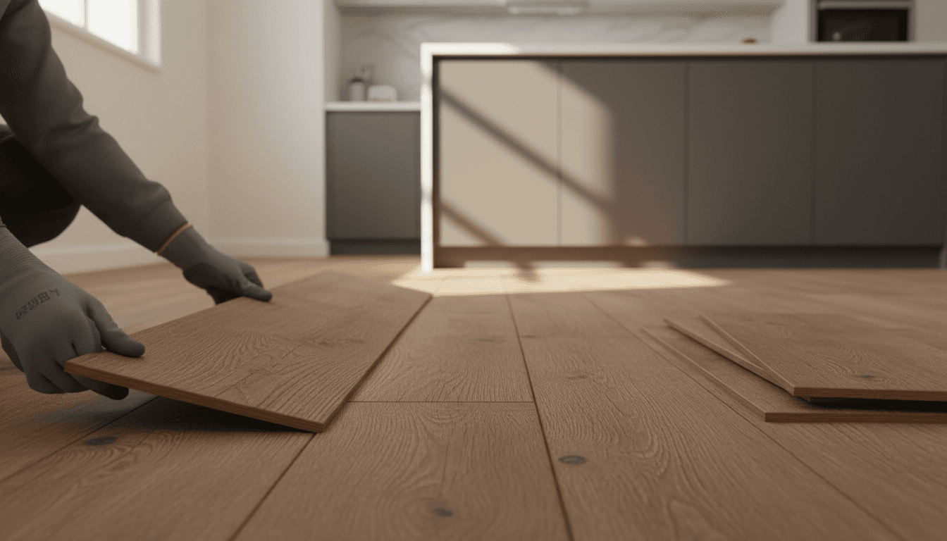 Installer's hands laying luxury vinyl plank flooring in a bright kitchen