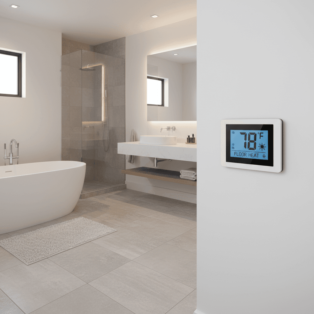 Tile bathroom floor with radiant heating thermostat on wall