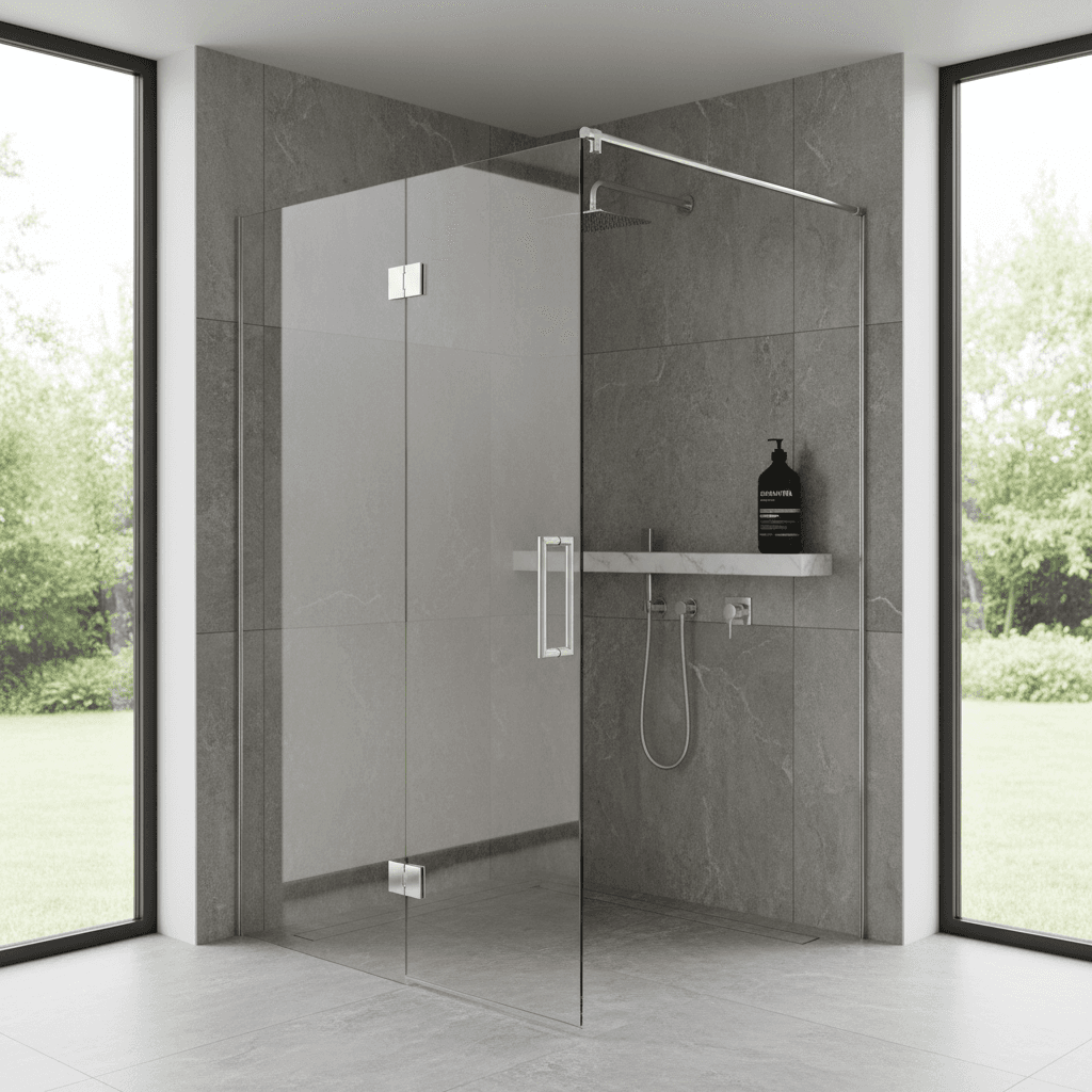 Frameless glass shower enclosure with clear panels and modern chrome hardware