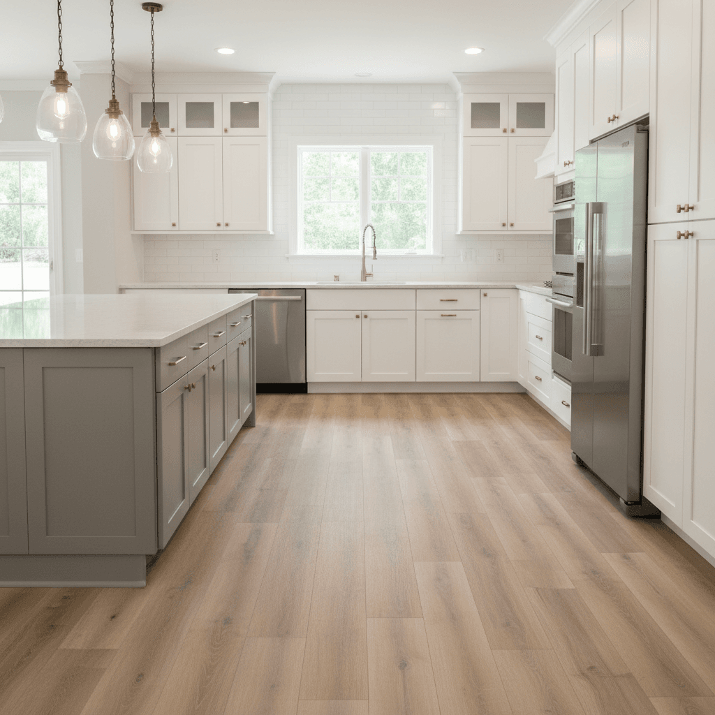 Warm neutral luxury vinyl plank flooring in a kitchen with white shaker cabinets
