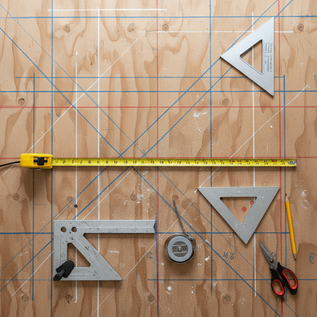 Chalk lines and a measuring tape on a subfloor showing the floor layout plan