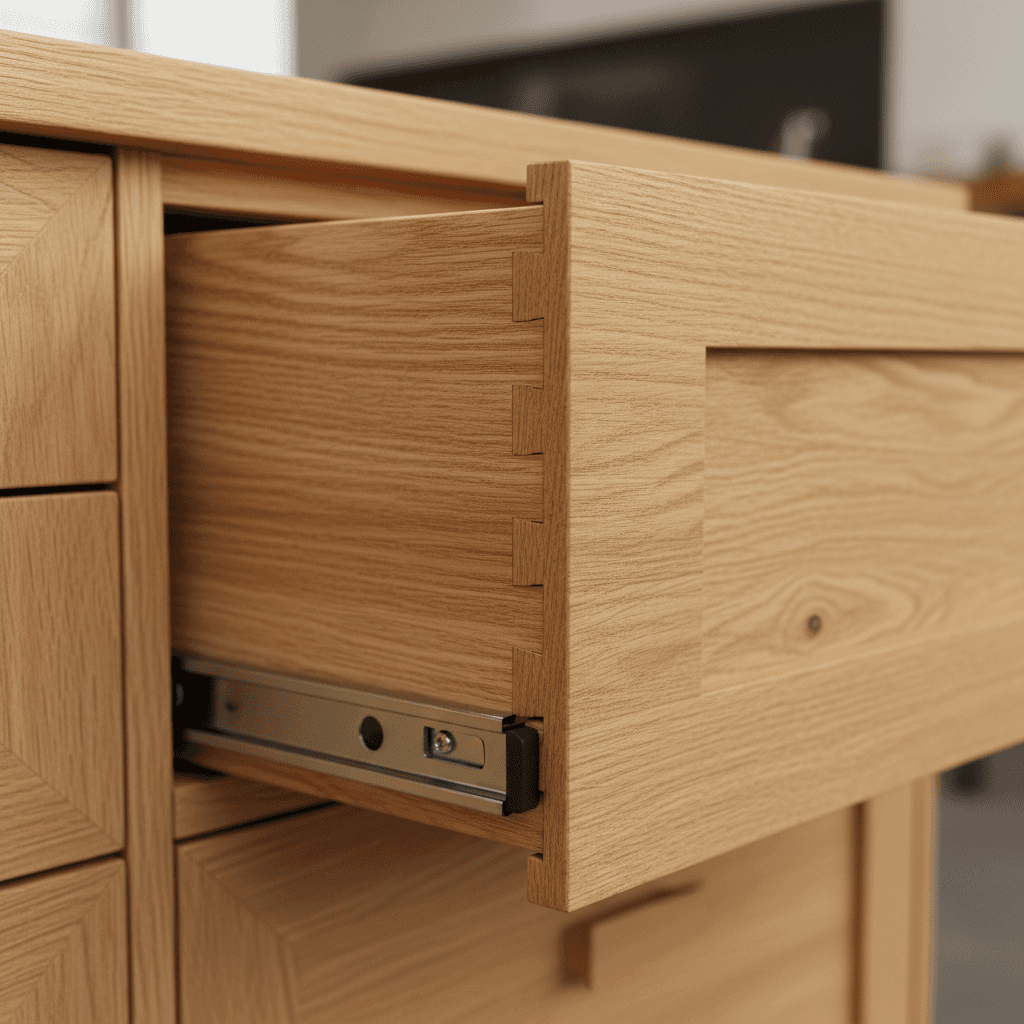 Soft close drawer and dovetail joinery detail on cabinet