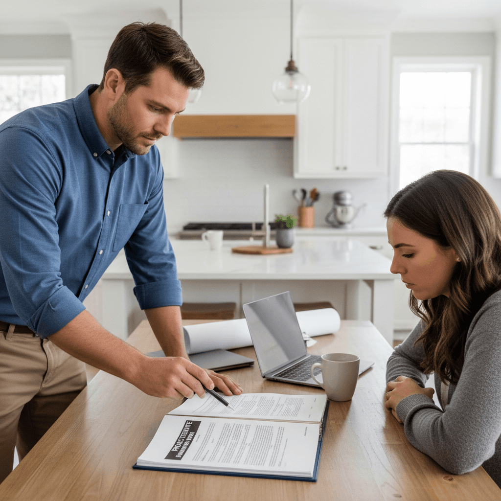Contractor reviewing a detailed project quote with a homeowner at a kitchen table