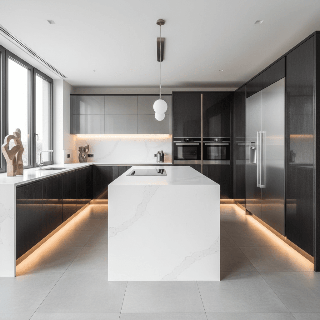 Luxury kitchen remodel with custom cabinetry, waterfall island, and high end appliances