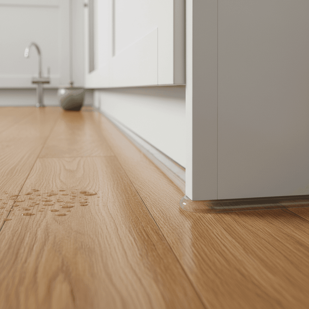 Sealed edge of wood flooring near a kitchen sink