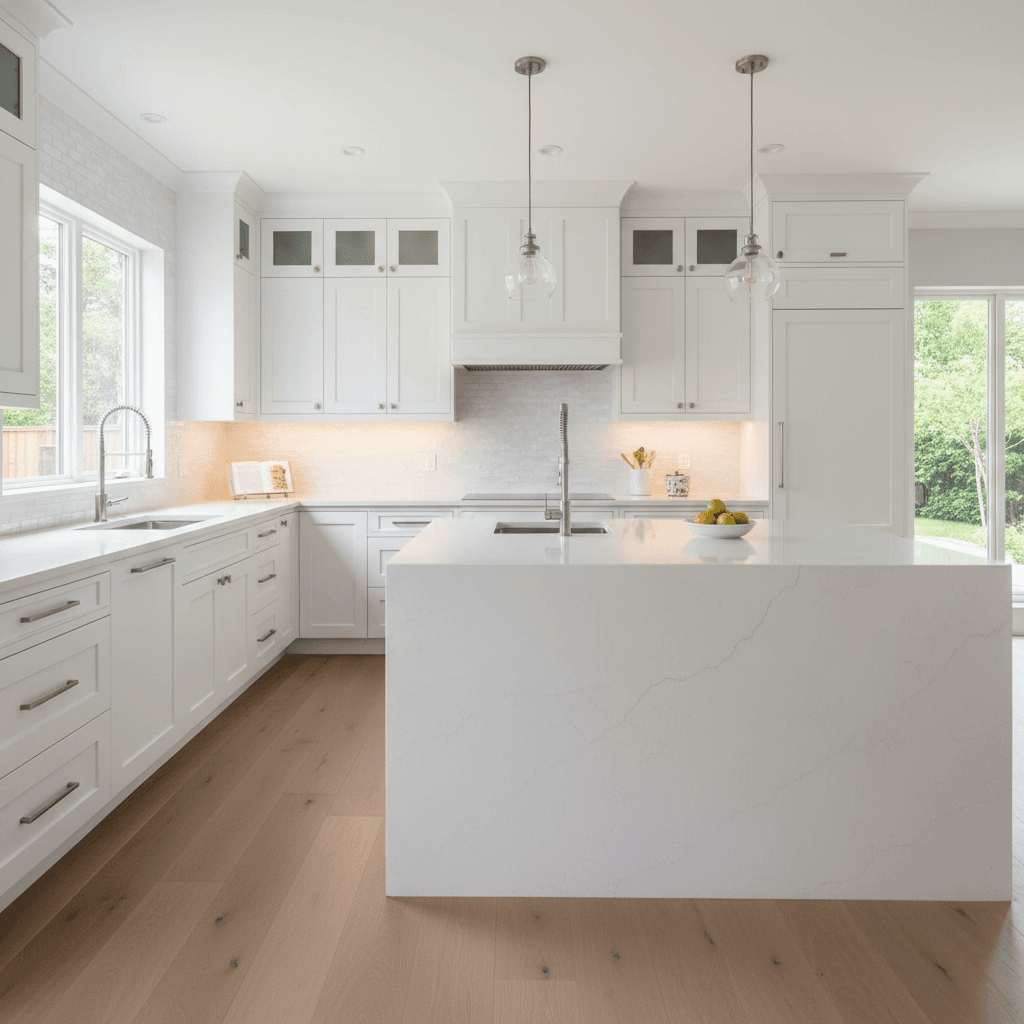 Modern kitchen with white cabinets and quartz countertop