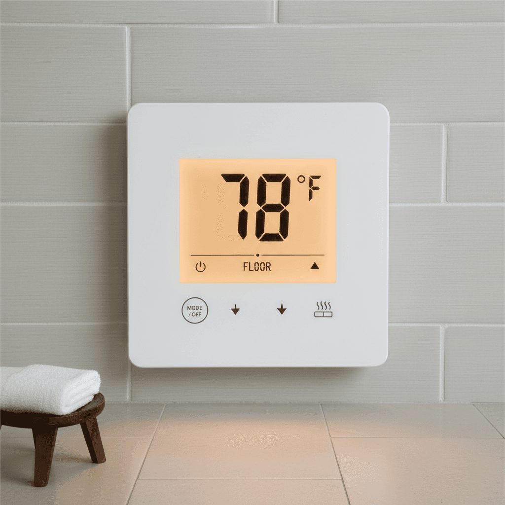Thermostat control for a radiant heated bathroom tile floor