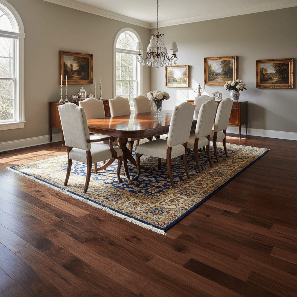 Dark walnut hardwood planks in an elegant dining room with natural light
