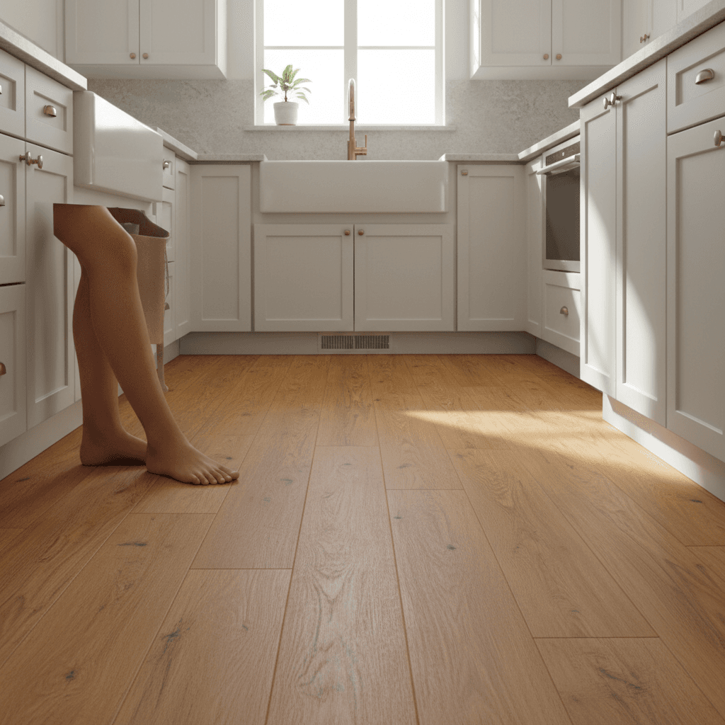 Bare feet standing on warm luxury vinyl plank flooring in a bright kitchen