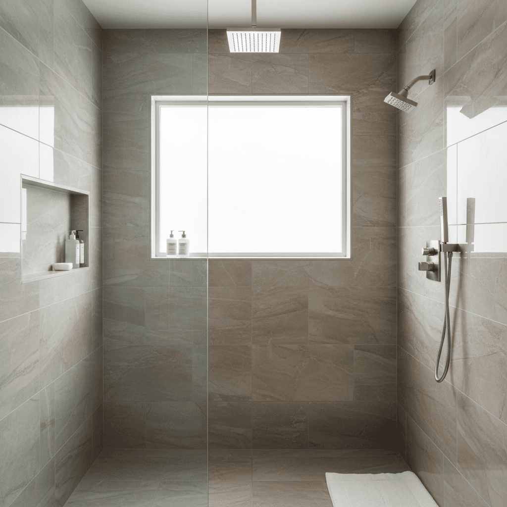 Custom walk-in shower with tile and rainfall showerhead