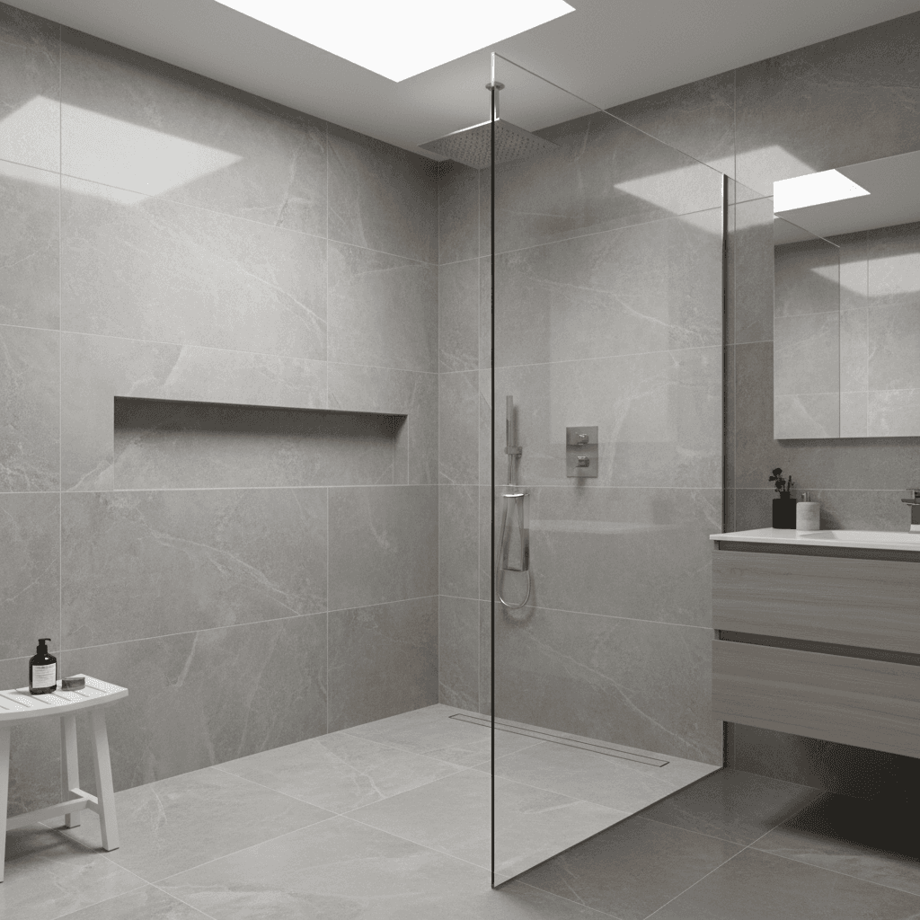 Walk-in tile shower with frameless glass