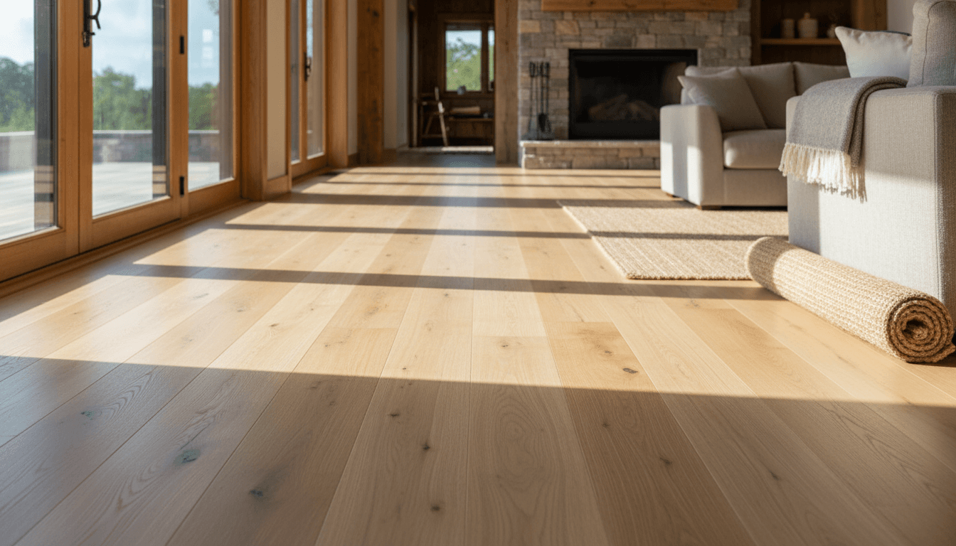 Newly installed hardwood flooring in a bright living room