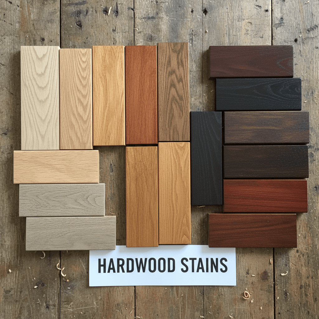 Hardwood floor stain samples in shades from light to dark resting on a table