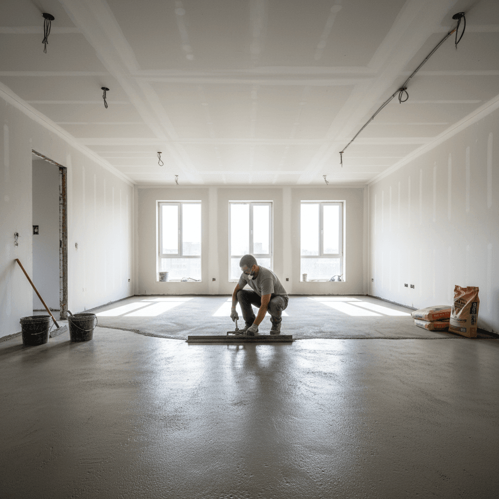 Worker in work clothes leveling a concrete subfloor with a trowel