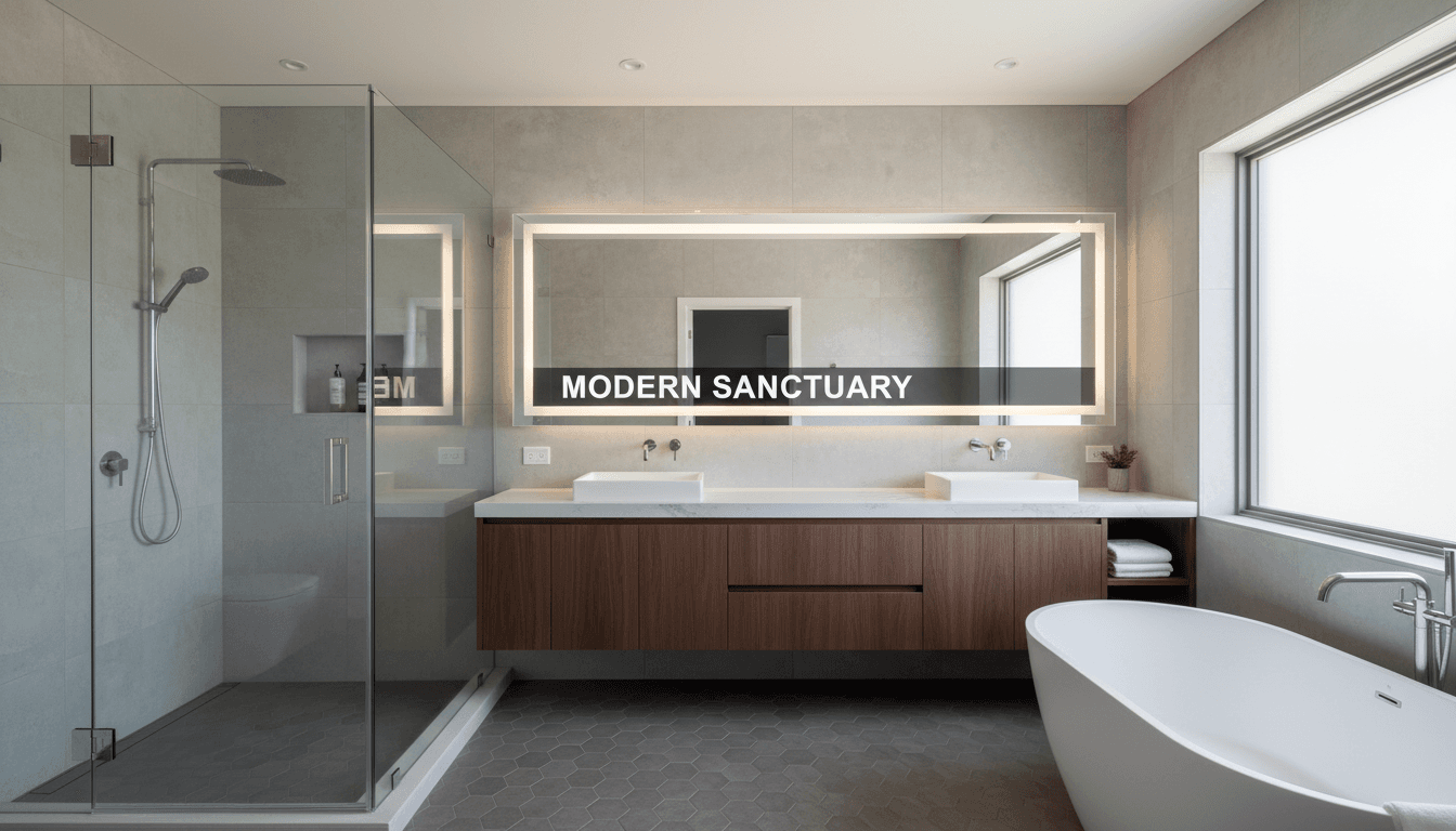 Modern remodeled bathroom featuring a walk-in glass shower and custom vanity