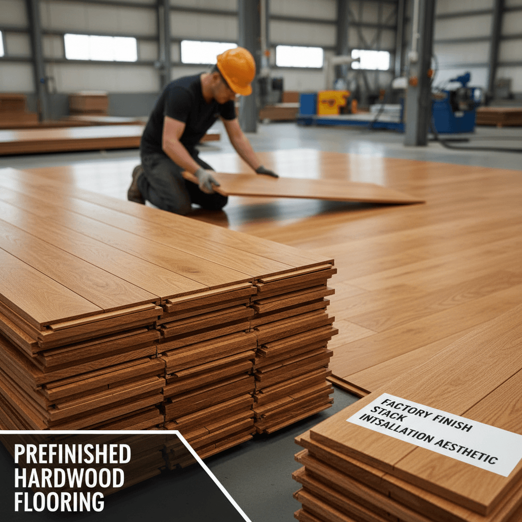 Stack of prefinished hardwood planks with a smooth uniform factory finish