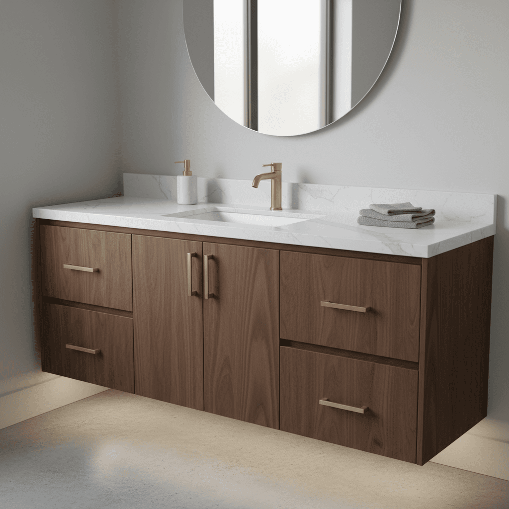Custom bathroom vanity with wood cabinetry and quartz countertop