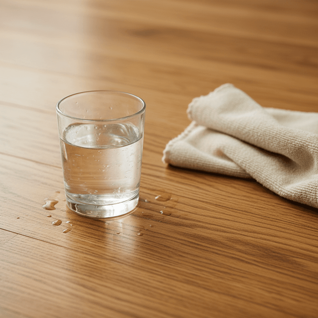 Glass on a wood floor with a cleaning cloth
