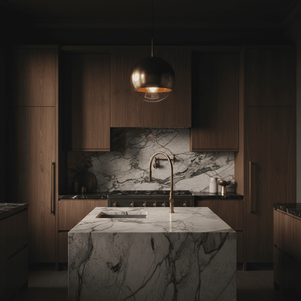 Custom walnut cabinetry with honed marble counters and brass fixtures