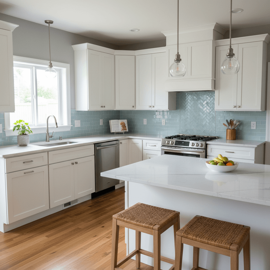 Mid range kitchen remodel with new shaker cabinets, quartz countertops, and tile backsplash