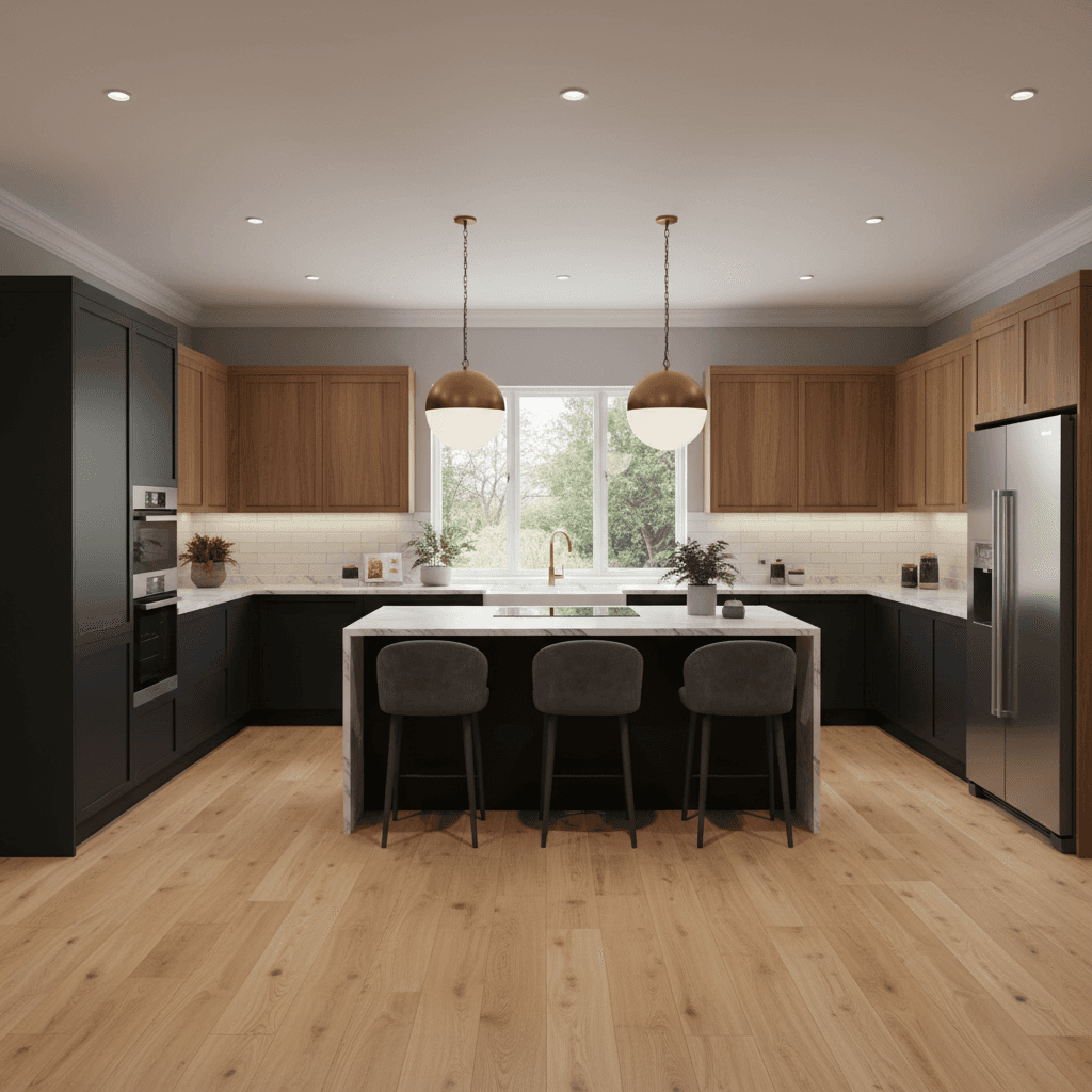 Elegant kitchen with luxury vinyl plank flooring and modern cabinetry