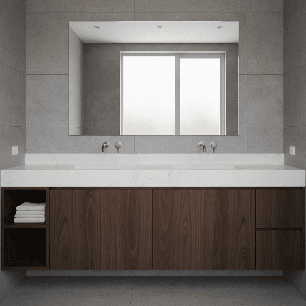 Dark wood slab cabinets in a contemporary bathroom