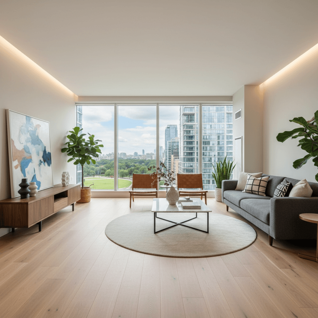 Bright modern living room with engineered hardwood flooring and a large window
