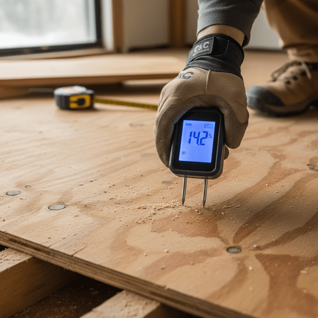 Contractor in work boots checking a plywood subfloor with a moisture meter