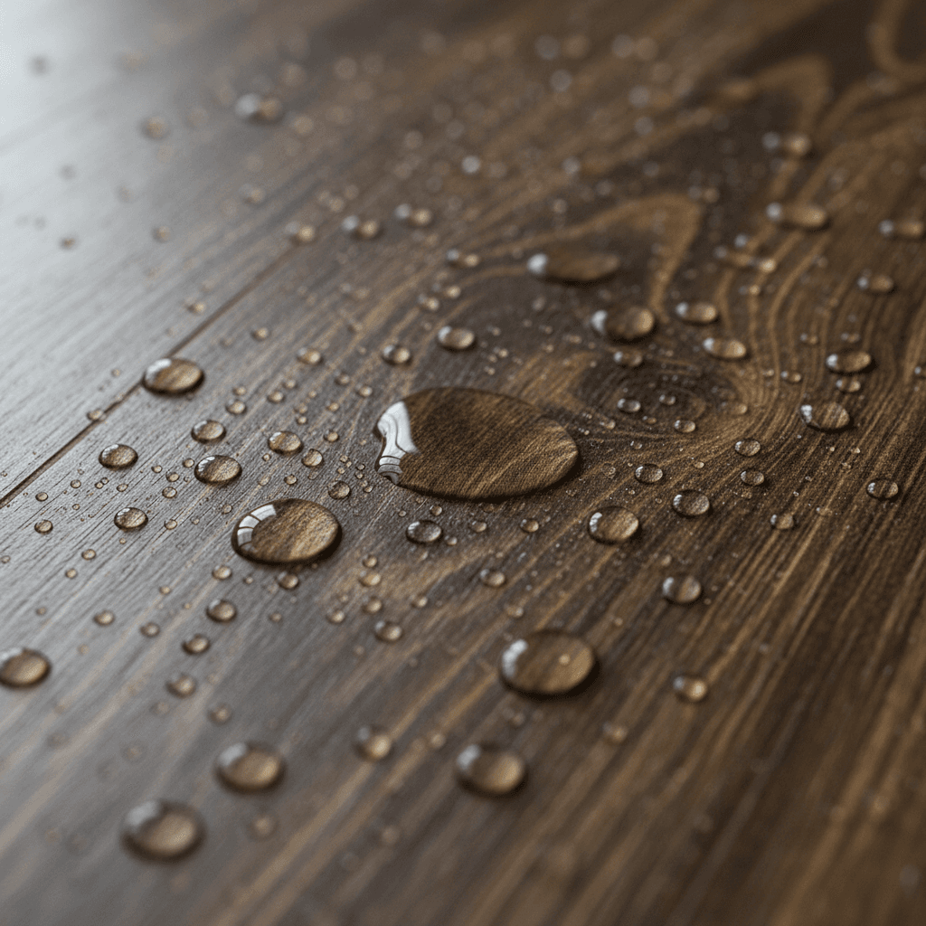 Close-up of water droplets beading on luxury vinyl plank flooring