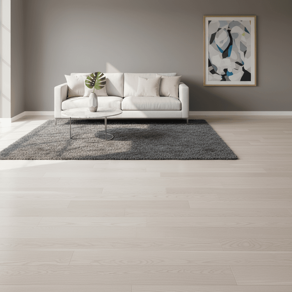 White oak hardwood floor with subtle grain in a bright, airy room