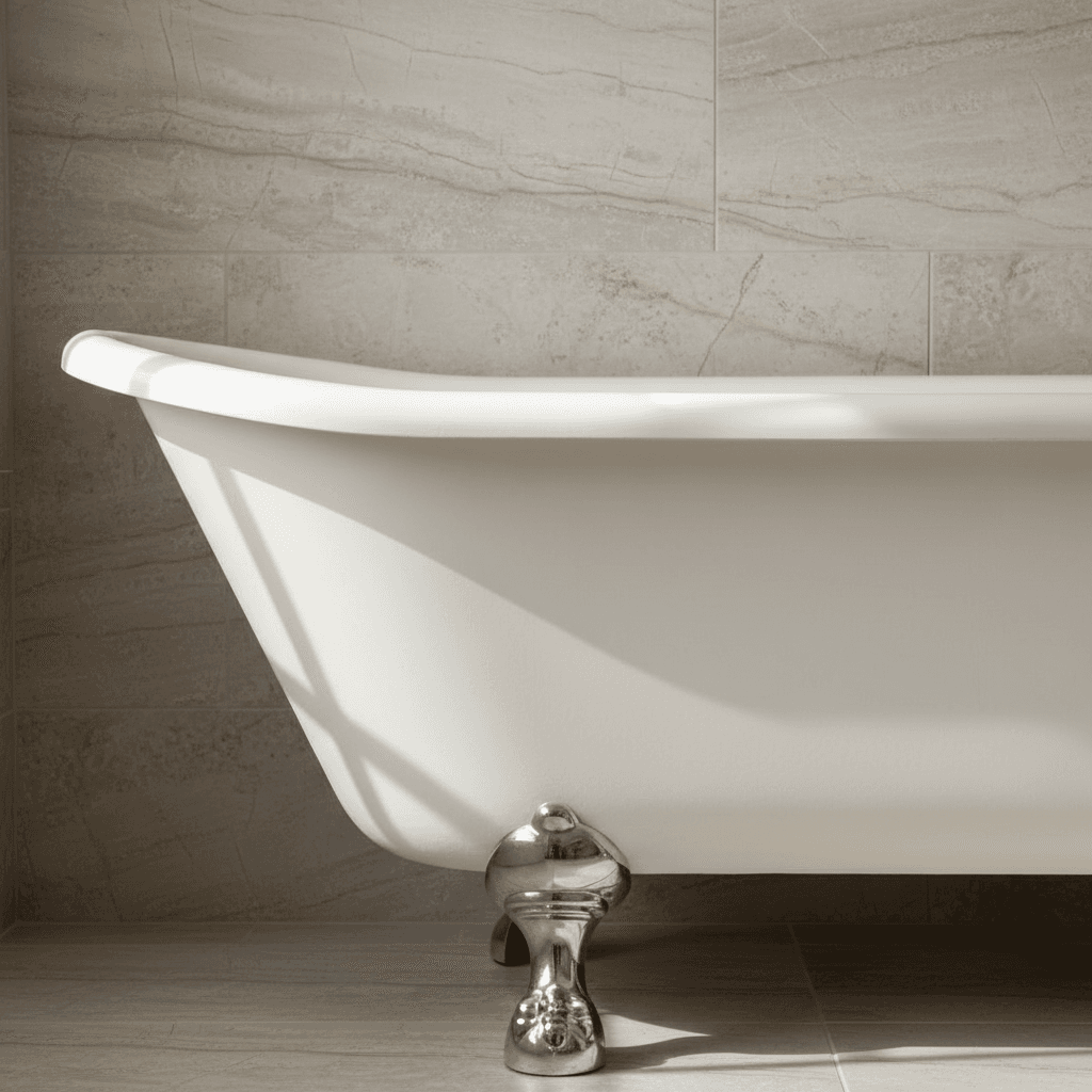 Freestanding clawfoot soaking tub in front of tiled wall