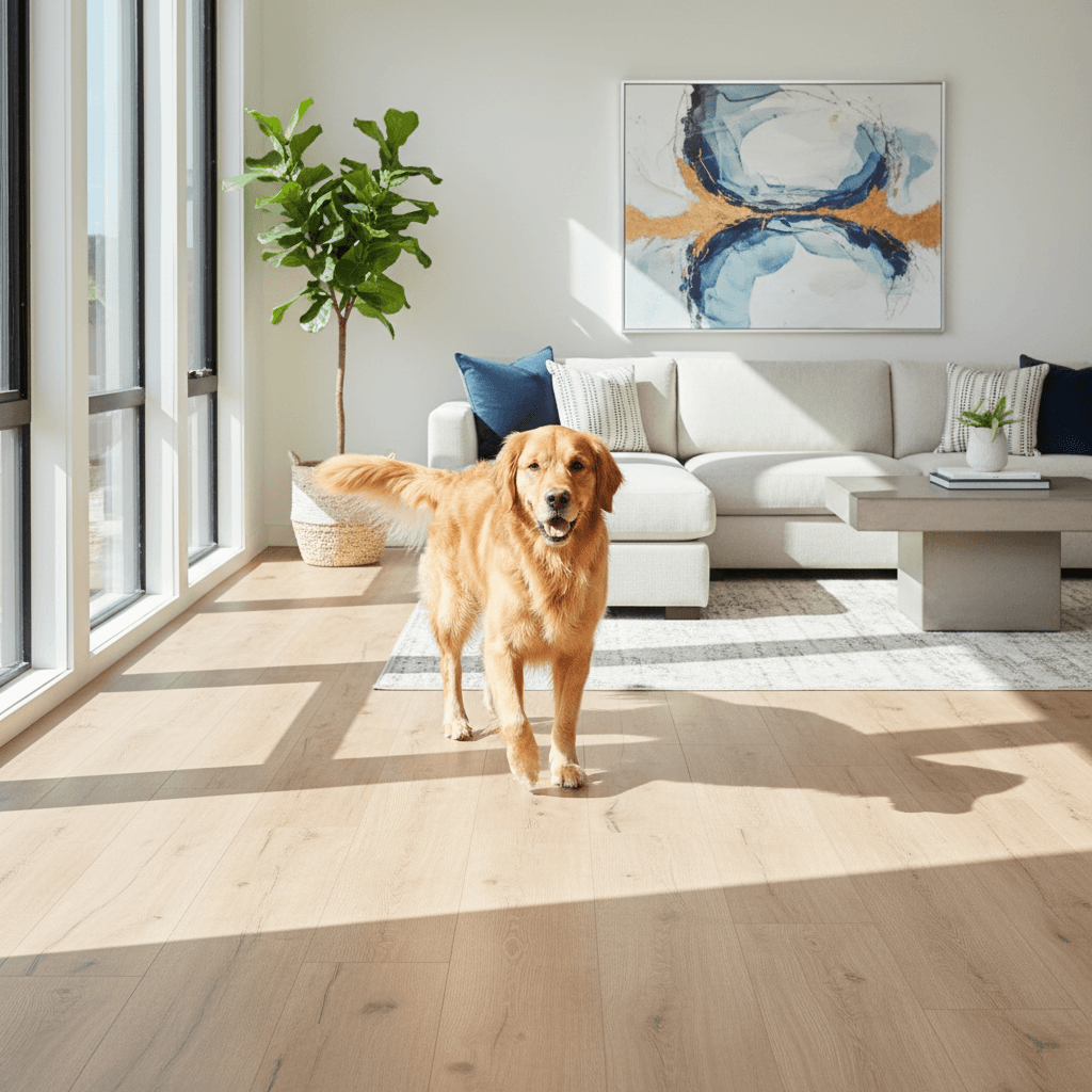 Family dog walking across luxury vinyl plank flooring in a sunny living room