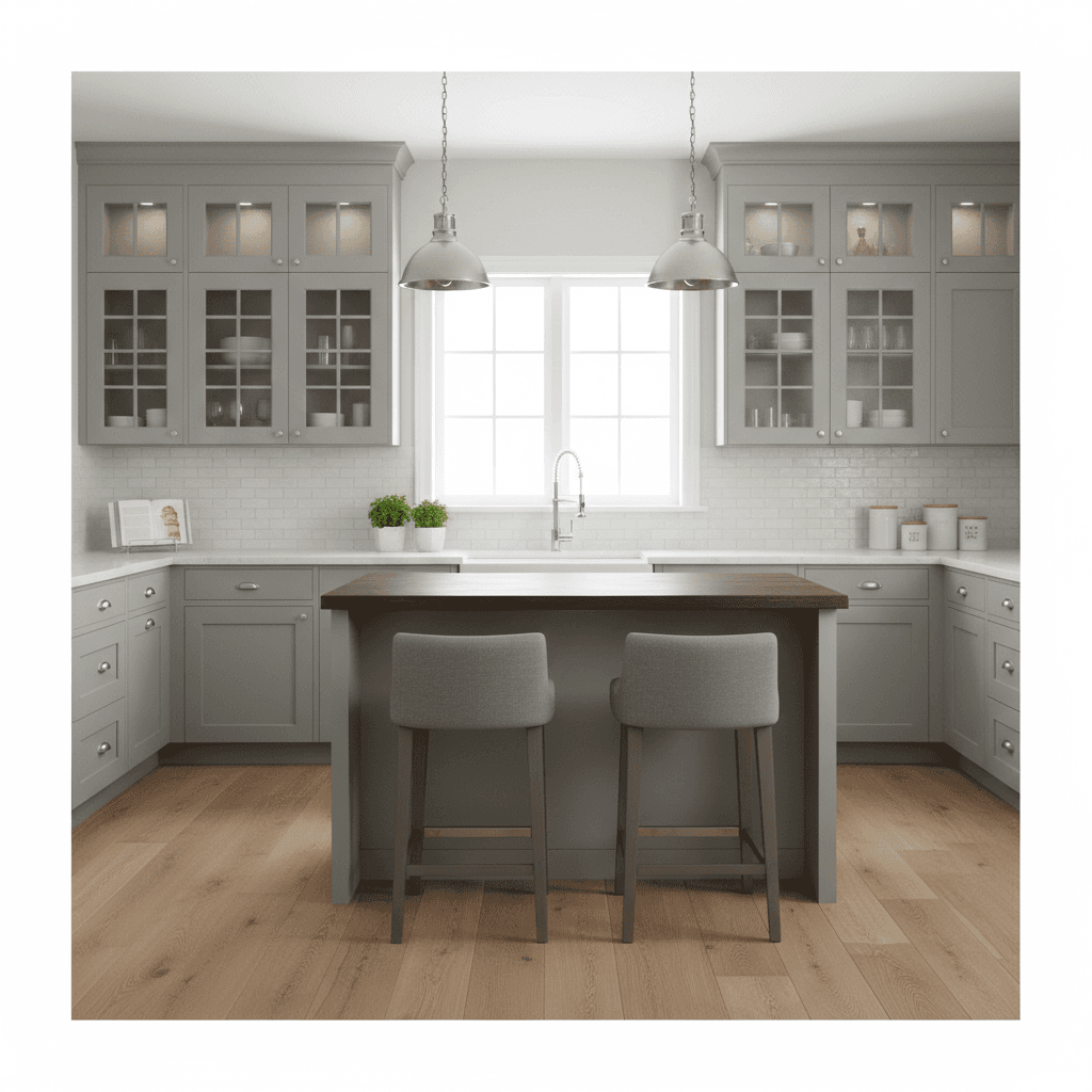 Transitional grey painted cabinets with glass front uppers