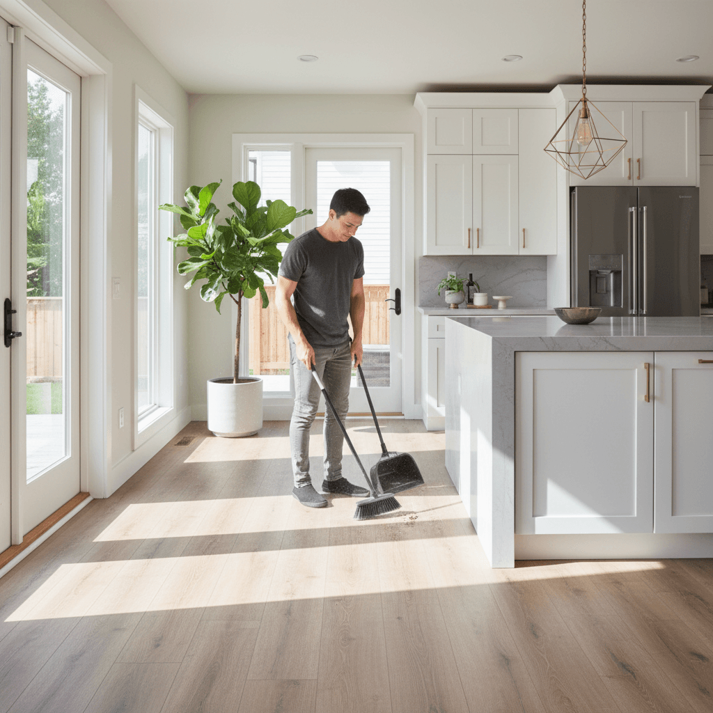 Person sweeping a luxury vinyl plank floor in a modern kitchen