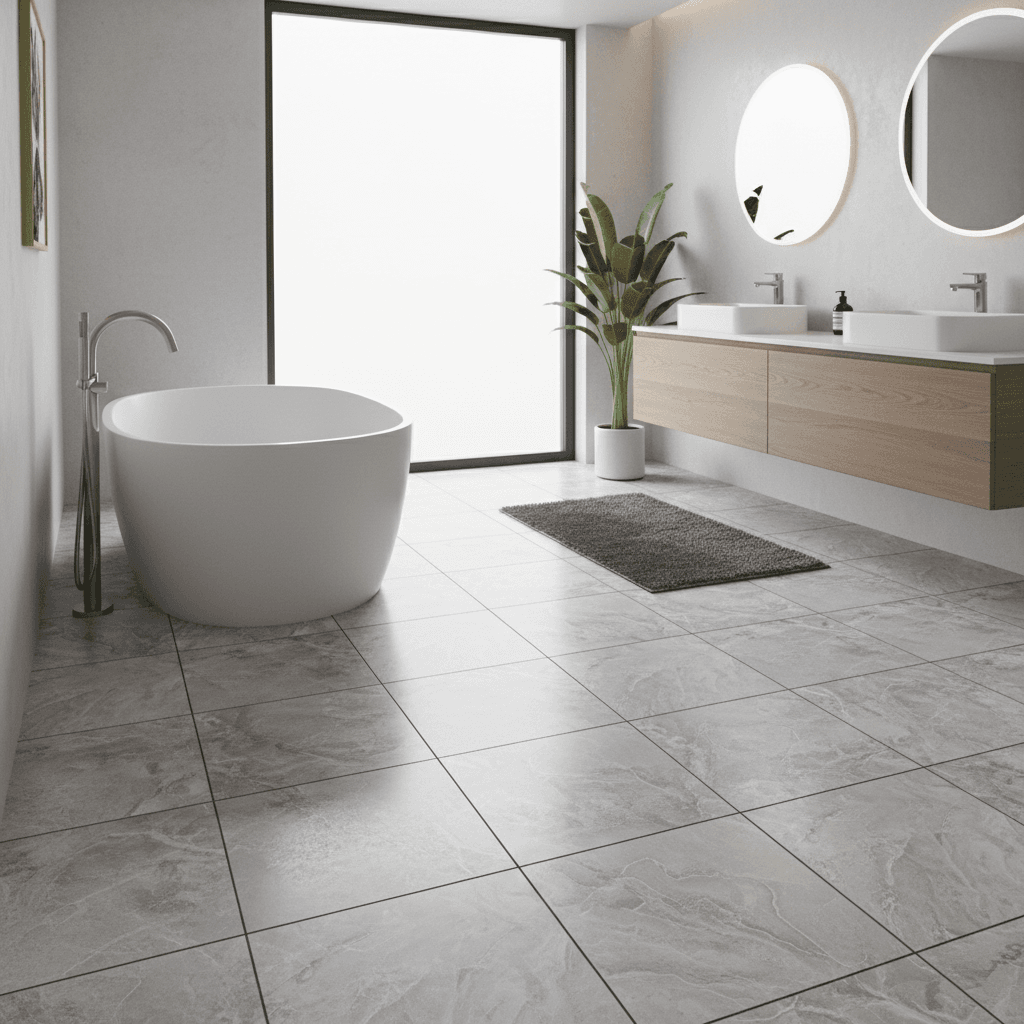 Luxury vinyl plank flooring with realistic stone appearance in a bathroom
