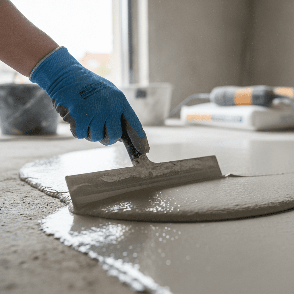 Contractor applying self-leveling compound to subfloor with trowel