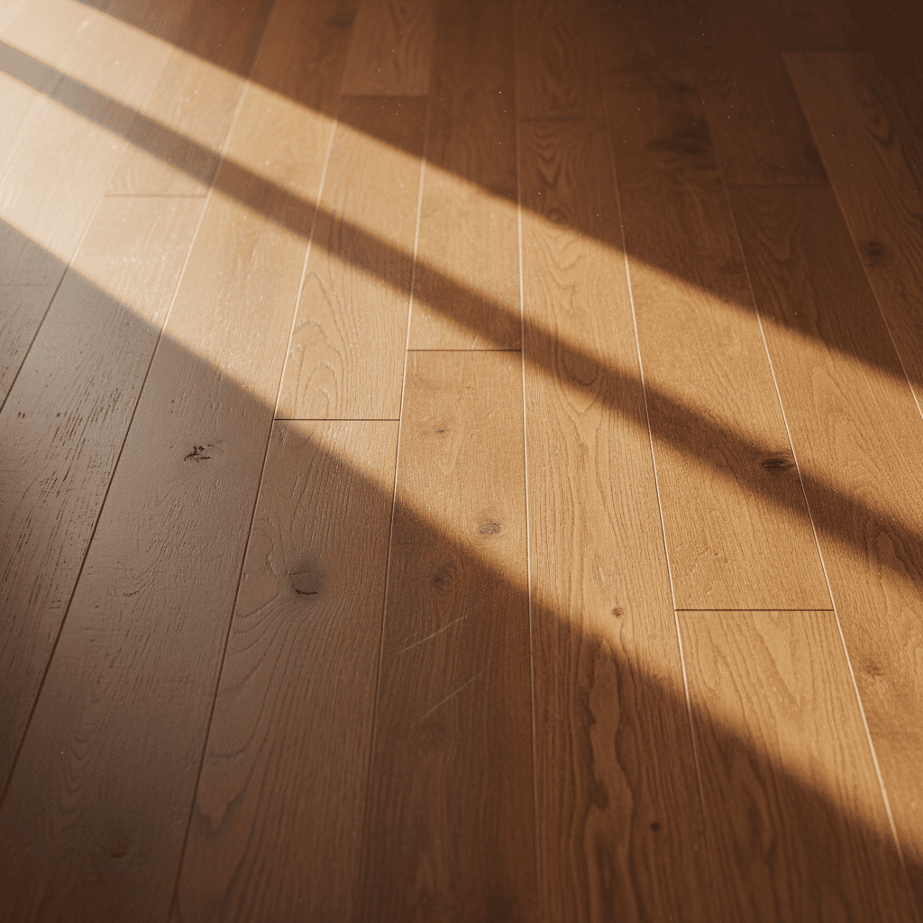 Close-up of solid hardwood floor planks showing rich grain and natural finish