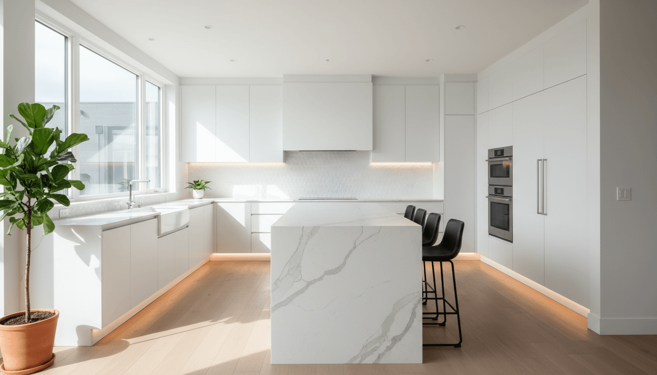 Recently completed modern kitchen remodel with sleek cabinetry and granite countertops