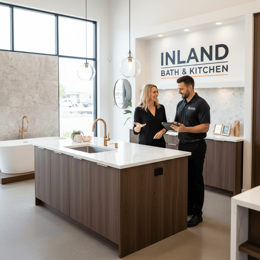 Consultant and client review designs on a tablet in a modern kitchen and bath showroom.